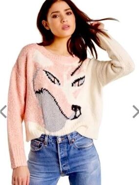 Wildfox Pink & Cream Fox Intarsia Crewneck Sweater